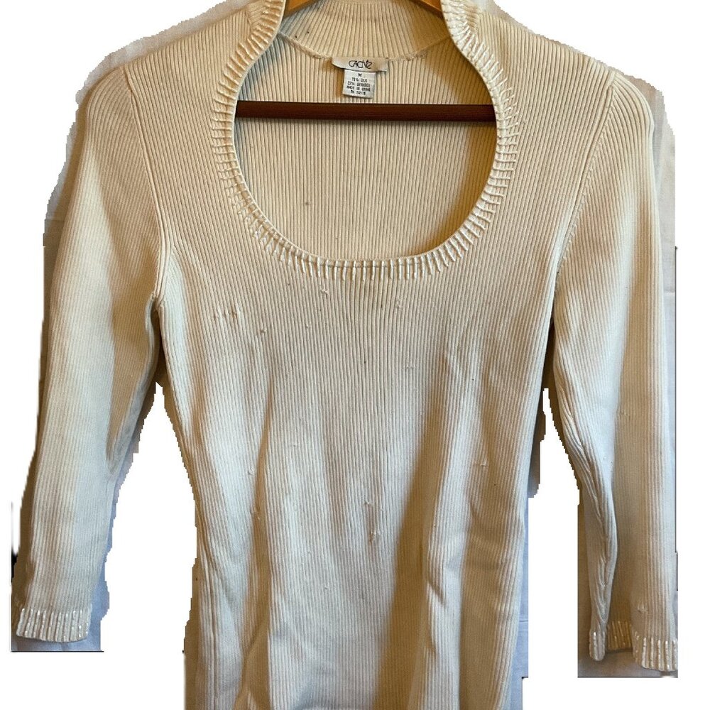 Cache White Silk beaded Scoop Neck long sleeve Top Sz M